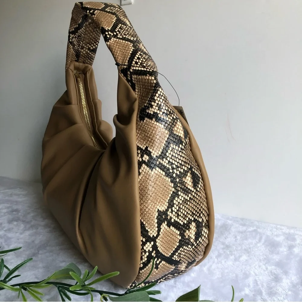 INC International Concepts KJ Wedge Hobo Shoulder Bag, Snake Trim Camel, NWT
